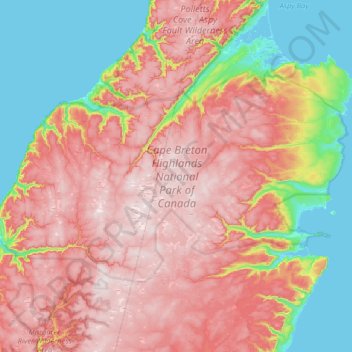 Mappa topografica Cape Breton Highlands National Park of Canada, altitudine, rilievo