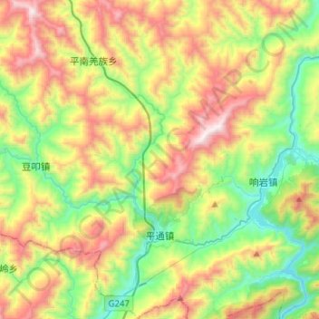 Mappa topografica 平通镇, altitudine, rilievo