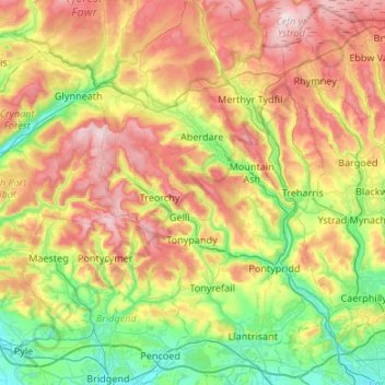 Mappa topografica Rhondda Cynon Taf, altitudine, rilievo