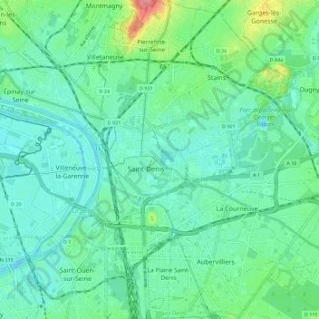 Mappa topografica Saint-Denis, altitudine, rilievo
