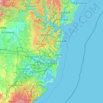 Mappa topografica Sydney, altitudine, rilievo