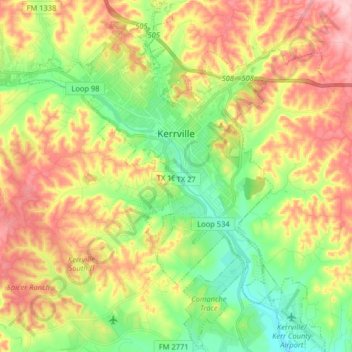 Mappa topografica Kerrville, altitudine, rilievo