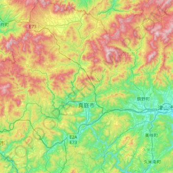 Mappa topografica 真庭市, altitudine, rilievo