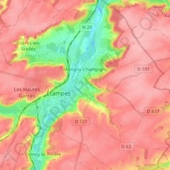 Mappa topografica Morigny-Champigny, altitudine, rilievo
