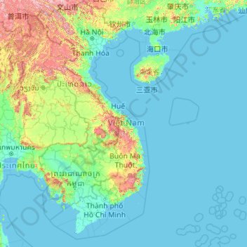 Mappa topografica Vietnam, altitudine, rilievo