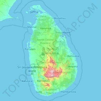 Mappa topografica Sri Lanka, altitudine, rilievo