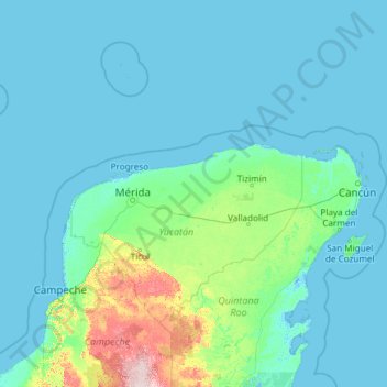 Mappa topografica Yucatán, altitudine, rilievo