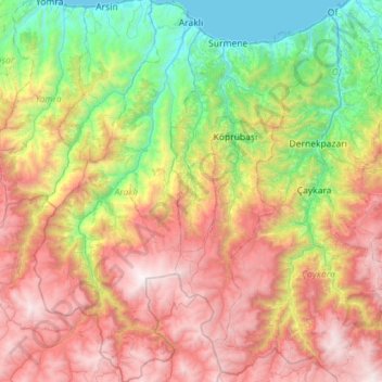 Mappa topografica Araklı, altitudine, rilievo