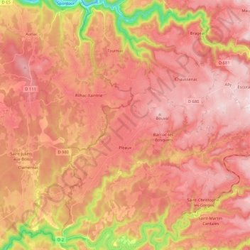 Mappa topografica Pleaux, altitudine, rilievo