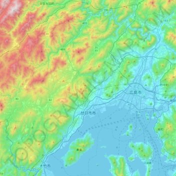 Mappa topografica Hatsukaichi, altitudine, rilievo