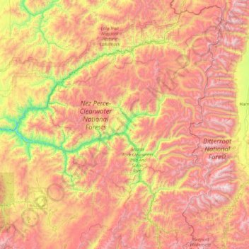 Mappa topografica Selway-Bitterroot Wilderness Area, altitudine, rilievo