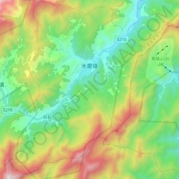 Mappa topografica 水磨镇, altitudine, rilievo