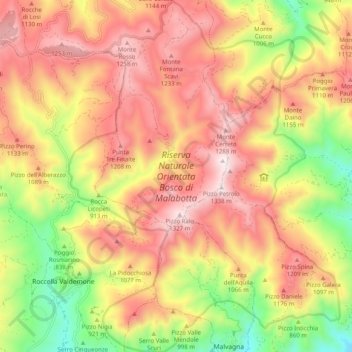 Mappa topografica Riserva Naturale Orientata Bosco di Malabotta, altitudine, rilievo