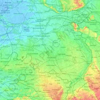 Mappa topografica Noord-Brabant, altitudine, rilievo