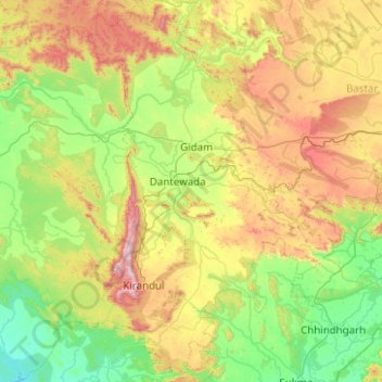 Mappa topografica Dantewada, altitudine, rilievo