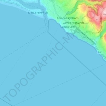 Mappa topografica Corona del Mar, altitudine, rilievo