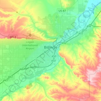 Mappa topografica Billings, altitudine, rilievo