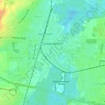 Mappa topografica Grevenbroich, altitudine, rilievo