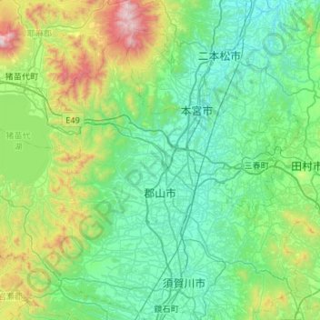 Mappa topografica Koriyama, altitudine, rilievo