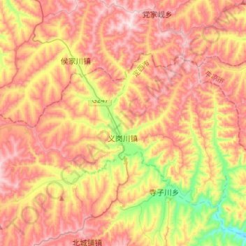 Mappa topografica 义岗川镇, altitudine, rilievo