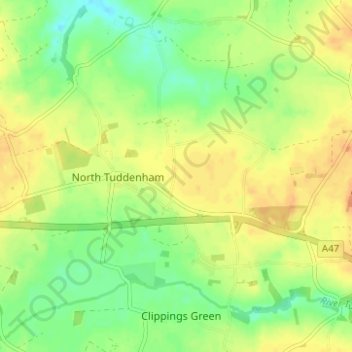 Mappa topografica North Tuddenham, altitudine, rilievo