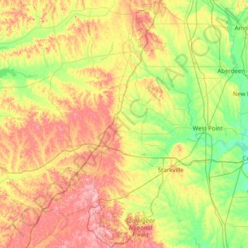 Mappa topografica Tombigbee National Forest, altitudine, rilievo