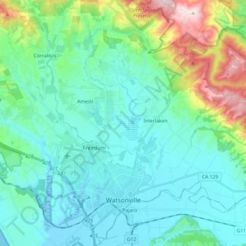Mappa topografica Watsonville, altitudine, rilievo