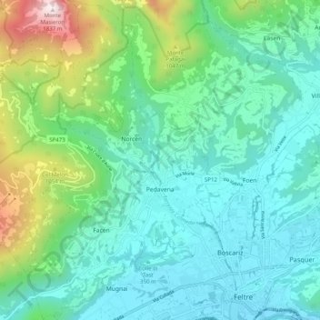 Mappa topografica Pedavena, altitudine, rilievo