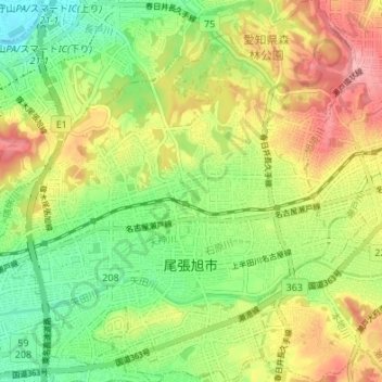Mappa topografica Owariasahi, altitudine, rilievo