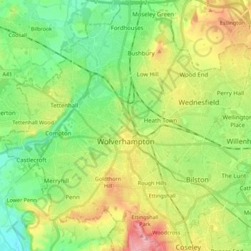 Mappa topografica Wolverhampton, altitudine, rilievo