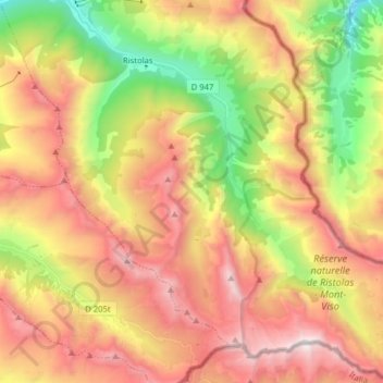 Mappa topografica Ristolas, altitudine, rilievo