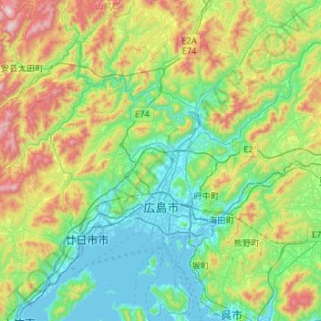 Mappa topografica Hiroshima, altitudine, rilievo