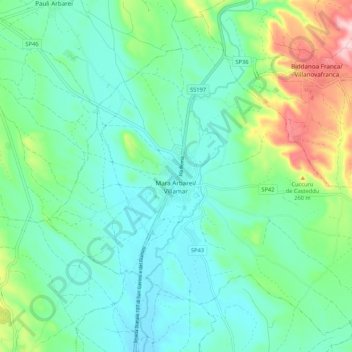 Mappa topografica Mara Arbarei/Villamar, altitudine, rilievo
