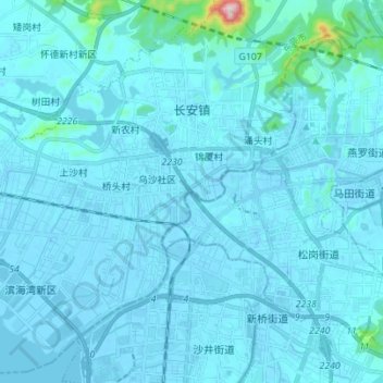 Mappa topografica 长安镇, altitudine, rilievo