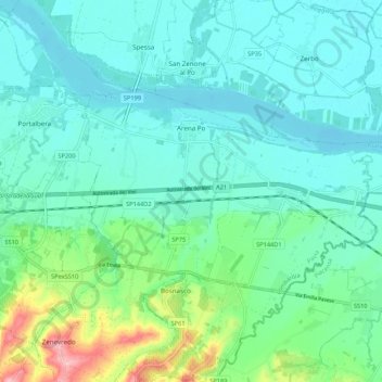 Mappa topografica Arena Po, altitudine, rilievo