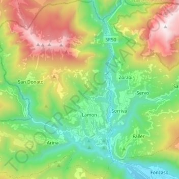 Mappa topografica Lamon, altitudine, rilievo