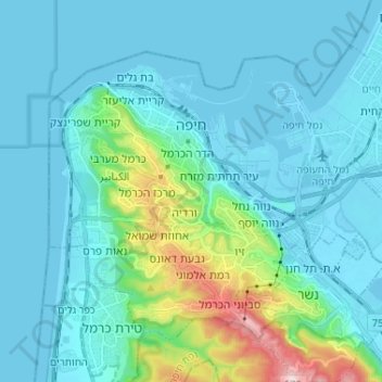 Mappa topografica Haifa, altitudine, rilievo