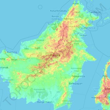 Mappa topografica Borneo, altitudine, rilievo