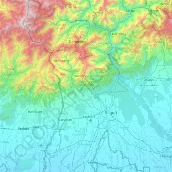 Mappa topografica Darjeeling district, altitudine, rilievo