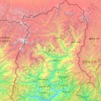 Mappa topografica Sikkim, altitudine, rilievo