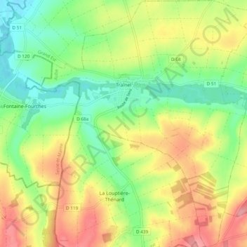 Mappa topografica Traînel, altitudine, rilievo