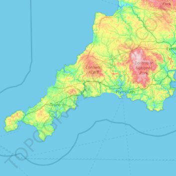 Mappa topografica Cornwall, altitudine, rilievo