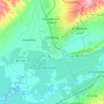 Mappa topografica Chettia, altitudine, rilievo