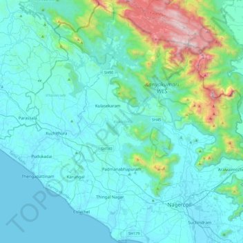Mappa topografica Kalkulam, altitudine, rilievo
