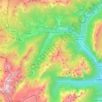 Mappa topografica Canale d'Agordo, altitudine, rilievo