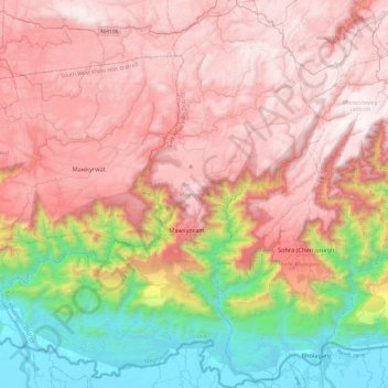 Mappa topografica Mawsynram, altitudine, rilievo