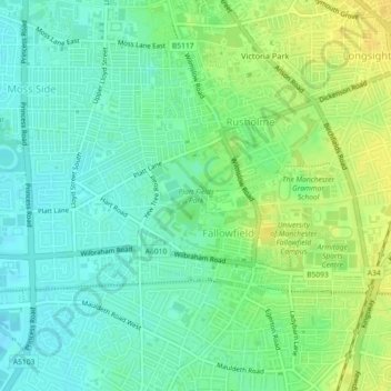 Mappa topografica Platt Fields Park, altitudine, rilievo