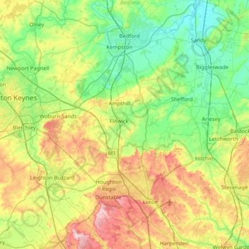 Mappa topografica Central Bedfordshire, altitudine, rilievo