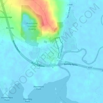 Mappa topografica Bunratty, altitudine, rilievo