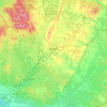 Mappa topografica Bergen, altitudine, rilievo